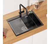 Fregadero de cocina 1 bandeja negro,fregadero inox con escurridor enrollable/distribuidor jabón/tamiz tapón,2 agujeros(58*45*18cm)