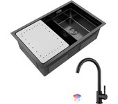 Fregadero de cocina de 1 seno de 70 x 44 x 21 cm, de acero inoxidable negro, con escurridor y lavabo + grifo mezclador de cocina negro