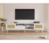 Mueble tv de 200 cm para tv de 90 - 2 puertas de ratán, 1 cajón y 3 compartimentos - blanco