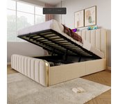 Cama contenedor 180 x 200 cm con cabecero - tomas usb y tipo c - tela de lino - rayas decorativas - beige (sin colchón)