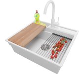 Primagran fregadero granito blanco 58x53cm, fregadero cocina 1 seno + sifón + grifo 32x20cm + accesorios, fregadero sobre encimera al mueble 60cm