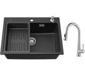 Cecipa max fregadero de cuarzo 60*45cm, con escurridor y dispensador de jabón + grifo monomando con ducha extraíble, 3 modos de salida de agua