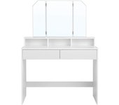 Tocador con espejo plegable, espacio de almacenamiento, mesa de maquillaje moderna con 2 cajones, 3 compartimentos, color blanco