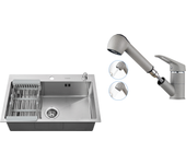 Fregadero cocina cepillado 68x45x19cm con distributor jabón/ escurridor cesta+grifo cocina con ducha extraíble 2 jets,agua fría/caliente
