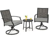 Costway conjunto mesa y sillas jardin, 2 sillas giratorias 360° de mimbre con cojin y mesa de café, estructura metálica, muebles jardin terraza balcon