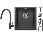 Cecipa max fregadero encastrable de inox 40*44*19 cm - fregadero negro de 1 seno + grifo de cocina mezclador con ducha extraíble - negro