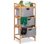 Relaxdays estantería de bambú, 3 cestos extraíbles, mueble de baño y dormitorio, 96 x 44 x 34,5cm, marrón natural y gris