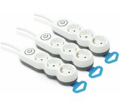 Conjunto de 3 regletas multiples con 3 tomacorrientes, cable de 1.4 metros, diseño plano, interruptor y protección infantil, blanco