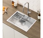 Fregadero de 1 seno fregadero de cocina de acero inoxidable 304 cepillado de 60 × 44 × 18 cm con cesta de drenaje (3 métodos de instalación)