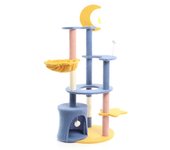 Fudajo árbol rascador para gatos luna y estrellas 132cm azul/amarillo con casa para gatos y sisal