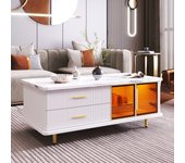 Mesa de centro con puerta de cristal templado, cajones con estructura ondulada, tiradores y patas dorados, tapa con diseño de mármol, blanco