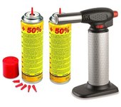 Soplete de cocina profesional + 2 recambios de gas - micro soplete con encendido piezoeléctrico - caudal de gas regulable