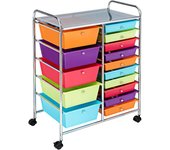 Costway carrito auxiliar con ruedas, carro almacenaje con 15 cajones apilables, carrito organizador con ruedas bloqueables de metal para cocina oficin