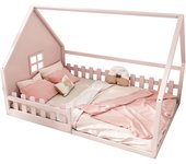 Cama infantil con barandilla, 140 x 200 cm, madera de pino, rosa, con barras de seguridad
