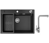 Fregadero de 1 lavabo de cuarzo negro, 70x45 cm, con escurridor y dispensador de jabón + mezclador de fregadero giratorio de 360° cepillado