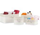 Relaxdays cestos almacenaje set de 4, bambú y funda de tela, 4 tamaños, caja de juguetes, cosméticos y toallas, blanco