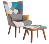 Sillón de ocio con reposapiés – tela multicolor – estructura de madera y metal – 69 x 95,5 x 51 cm.
