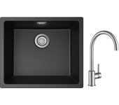 Fregadero de 1 seno de cuarzo y resina, 3 opciones de montaje, 50*44*20 cm + grifo de cocina mezclador de acero inoxidable cepillado