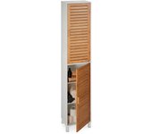 Relaxdays armario alto baño, mueble auxiliar estrecho wc, 190x40x30 cm, 6 compartimentos, mdf y bambú, blanco/natural