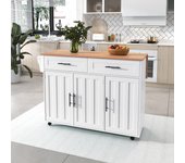 Isla de cocina móvil central con 3 puertas y 2 cajones - tapa extensible - 129x46/71x91,5 cm - madera mdf + metal - blanco + natural