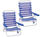 Pack de 2 sillas de playa baja reclinable 4 posiciones convertible en tumbona azul y blanco de aluminio