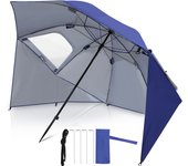Sombrilla de playa redonda uv50+, color azul, con lateral de tejido oxford y ventilación, perfecta para el jardín, terraza o balcón.