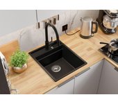 Primagran fregadero cocina negro 43x53cm, fregadero granito 1 seno + sifón + accesorios, fregadero sobre encimera al mueble 45cm - oslo pocket