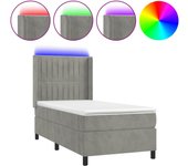 Cama con somier, colchón y luz led, terciopelo gris, 90x190 cm