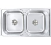 Fregadero de doble seno con colador y sifón de acero inoxidable
