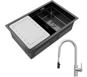 Cecipa fregadero max 1 seno 70×44cm fregadero negro con escurridor y lavabo + grifo de cocina monomando con ducha extraíble, 2 modos de salida de agua