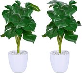 Relaxdays plantas artificiales en maceta, monstera plástico, decorativas, alfeizar, escritorio, 33x20cm, verde y blanco