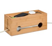 Relaxdays caja de cables, organizador para 2 regletas de enchufes, guardacables de bambú, 14 x 34,5 x 14 cm, natural