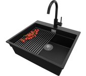 Primagran fregadero granito negro metallic 58x53cm, fregadero cocina 1 seno + sifón + accesorios, fregadero sobre encimera al mueble 60cm - oslo max