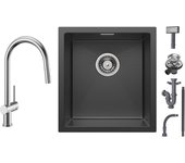 Cecipa max fregadero encastrable de inox 40*44*19 cm - fregadero negro de 1 seno + mezclador de cocina con ducha extraíble, grifo de inox cepillado