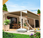 Pérgola cofre finisterre 4x3 m maniobra motorizada con mando a distancia + maniobra manual de emergencia (manivela) + led + bambalina (blanco - topo)