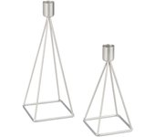 Relaxdays portavelas candelabro, set de 2, soporte velas diseño geométrico, diferentes tamaños, metal, moderno, plateado