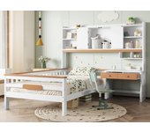 Cama infantil 90x200 cm en madera maciza - con cajones, estante y escritorio - con barandilla y somier de láminas - blanco + natural