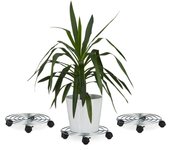 Relaxdays set 3 soportes macetas ruedas redondos, con freno, acero, plateado, 6 x 32 x 32 cm