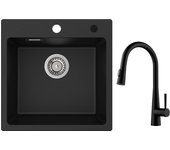 Cecipa max fregadero de cuarzo negro 45x45 cm fregadero de 1 seno de cuarzo y resina + grifo de cocina con ducha extraíble,3 modos de salida de agua