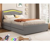 Cama tapizada 90x200 cm - con iluminación led - con 2 cajones - lino - cama con somier de láminas - gris (colchón no incluido)