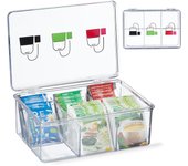 Relaxdays caja té, plástico, 6 compartimentos, 9 x 21,5 x 15 cm, cajita organizadora bolsas infusiones, transparente