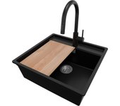 Primagran fregadero granito de esquina negro 56x53cm, fregadero cocina 1 seno + sifón + accesorios, fregadero sobre encimera al mueble 60cm - bergen