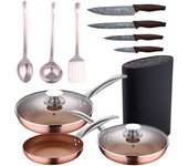 Set 5pc sartenes (con tapa) aluminio prensado inducción con set 3 pc utensilios cocina acero inoxidable con set 4pc cuchillos acero inoxidable con ta