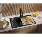 Primagran fregadero cocina negro 78x50cm, fregadero granito 1 seno + sifón + enrollable escurridor, fregadero sobre encimera al mueble 80cm - oslo