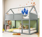 Litera infantil 2 x 90 x 200 cm, cama alta con escalera, estructura de madera maciza, gris