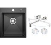 Fregadero de cocina de 1 seno negro antracita 40*45*19cm - fregadero de cocina de acero inoxidable + mezclador de cocina de pared con 2 chorros