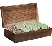 Relaxdays caja para té e infusiones, ocho compartimentos, 80 bolsitas de té, con tapa, marrón, madera, 8,5x30x5x15,5 cm