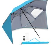 Sombrilla de playa redonda uv50+, color azul cielo, con lateral de tejido oxford y ventilación, perfecta para el jardín, terraza o balcón