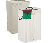 Relaxdays cesto ropa sucia bambú, canasto prendas plegable con tapa, 80 l, 2 sacos, rectangular, 66 x 44 x 24 cm, blanco