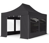 3x4,5 m carpa plegable, premium acero 40mm, 4 laterales con ventanas panorámicas, negro